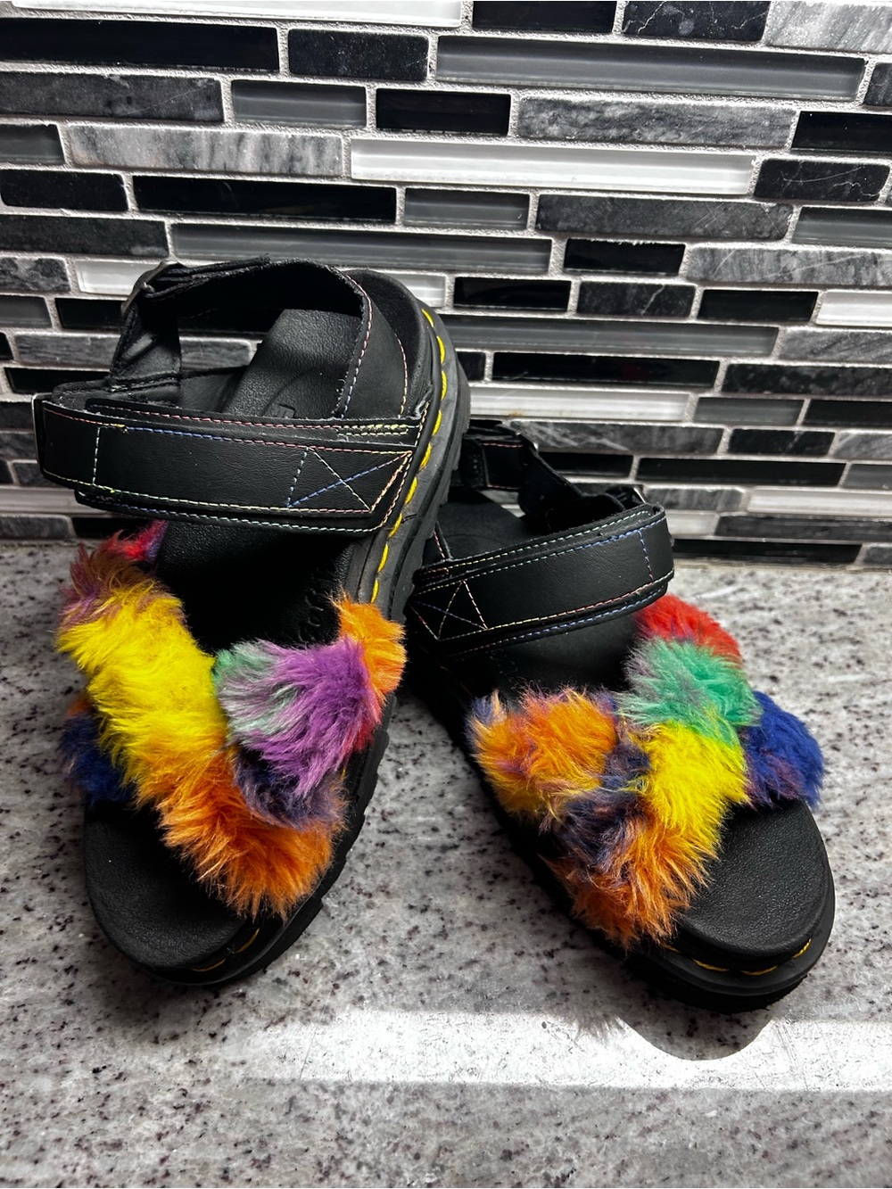Dr martens Rainbow Voss II Fluffy Faux Fur Strap Sandals - Black size 7